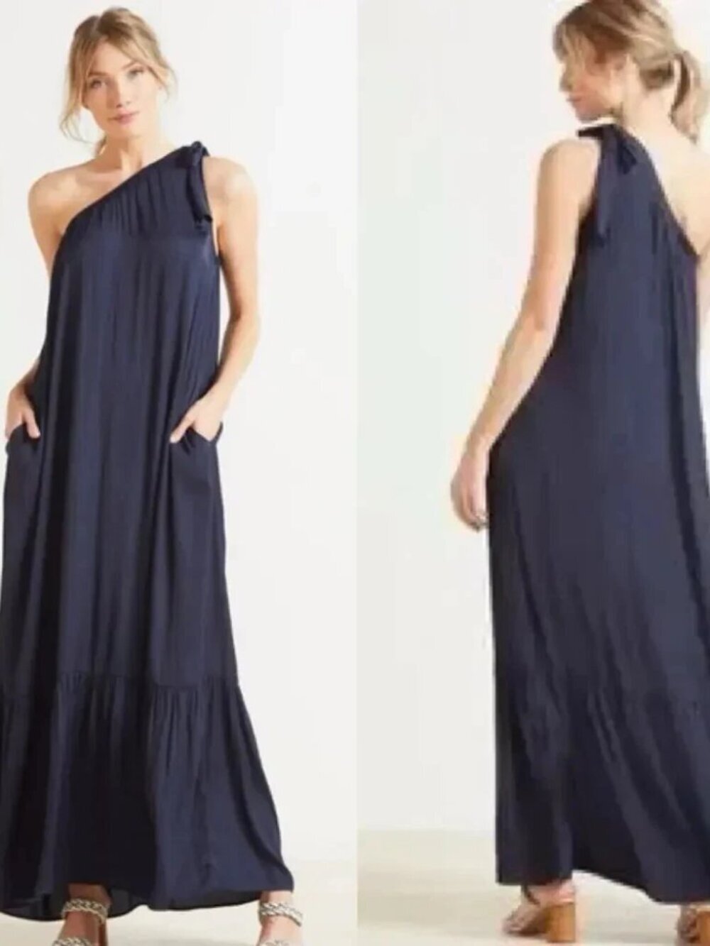 Evereve Hadley Maxi Dress Womens XS Navy Blue One Shoulder Tie Resort Boho Chic